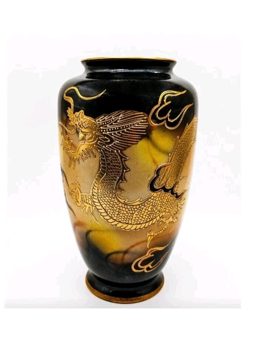 Vintage Japanese Dragon Vase 8" Gold Relief Black Ombre Glaze Made in Japan MCM